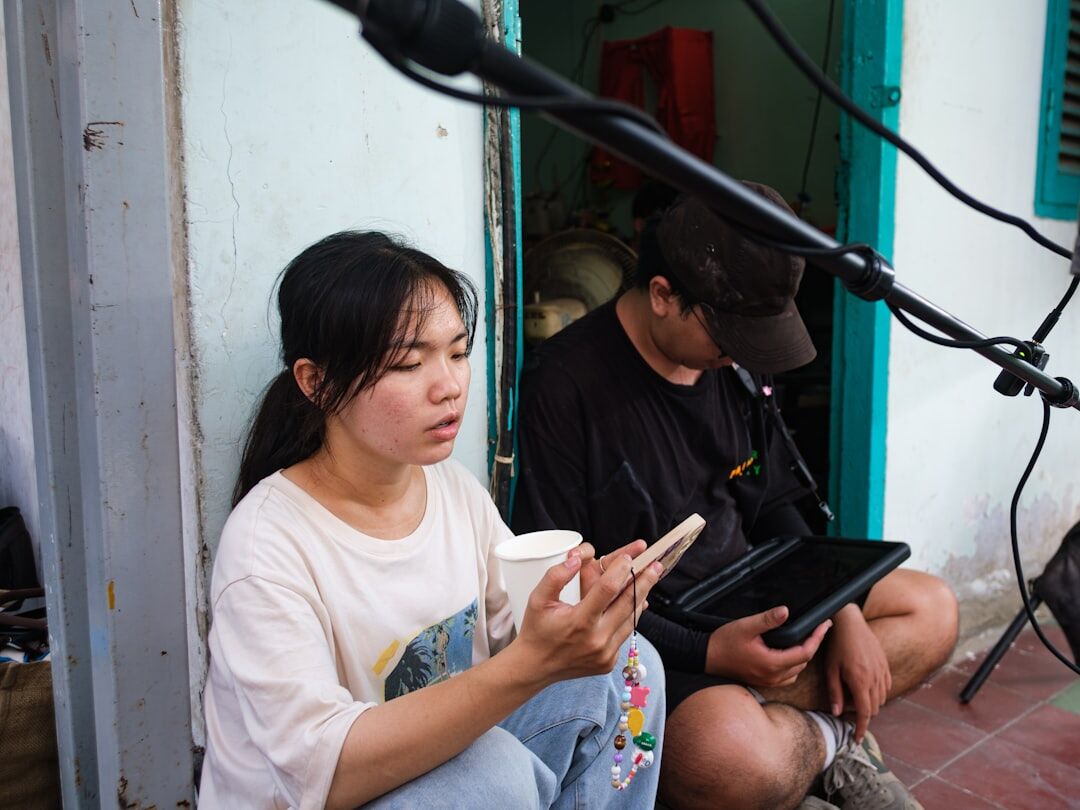 Reporter conducting a street interview with a microphone