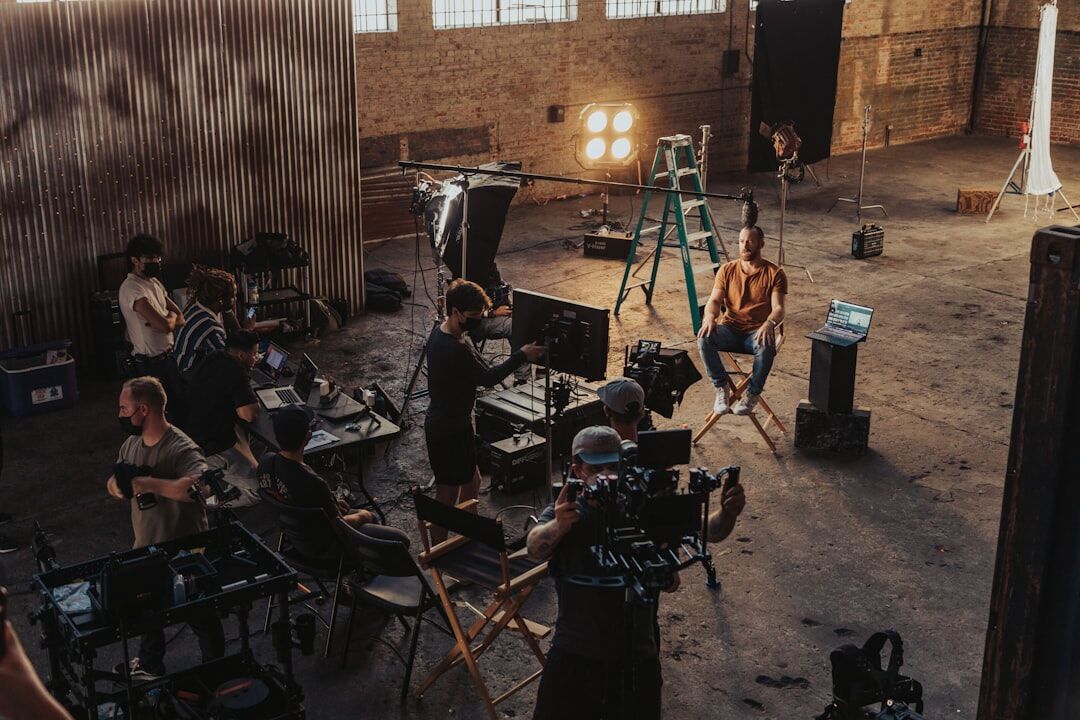 Television studio camera pointed at a set